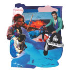 collage with Andrew Tholl playing violin next to a volcano and a shark with additional performers
